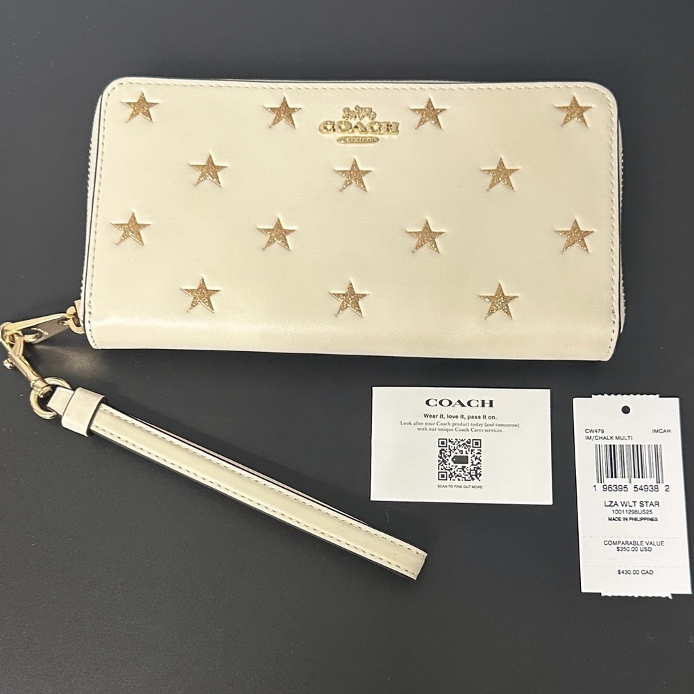 Coach Cream Star-Embellished Large Leather Wallet w Strap. NWT. Limited Edition - Picture 5 of 16